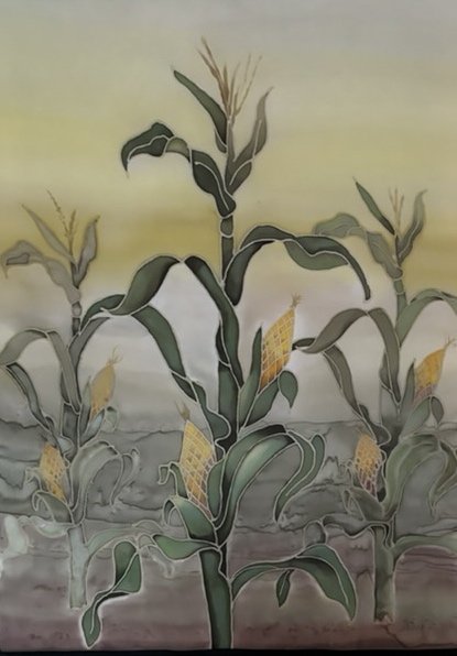 Silk painting of corn stalks by Jane Fink